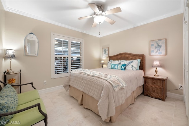 902 SW 48th Ter Unit 104, Cape Coral, FL 33914 - bedroom with baseboards, crown molding, light tile patterned flooring, and ceiling fan