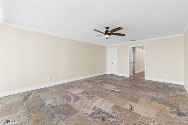 unfurnished room with ornamental molding and ceiling fan