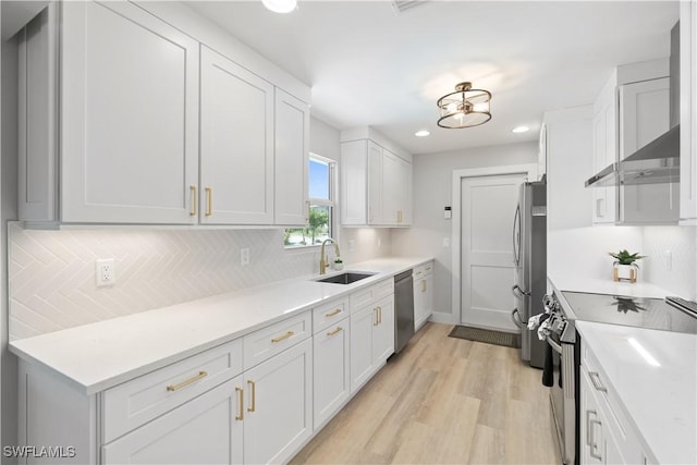 kitchen featuring appliances with stainless steel finishes, white cabinetry, sink, backsplash, and wall chimney range hood