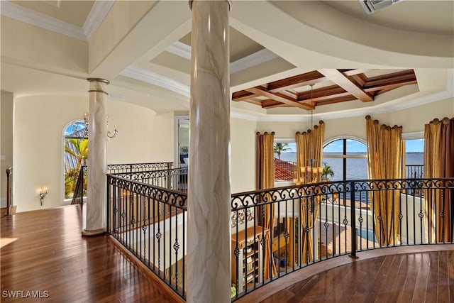 2704 Shriver Dr, Fort Myers, FL 33901 - hallway with coffered ceiling, ornate columns, hardwood / wood-style floors, beamed ceiling, and crown molding