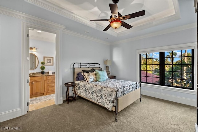 2704 Shriver Dr, Fort Myers, FL 33901 - bedroom with a raised ceiling, ornamental molding, a ceiling fan, carpet flooring, and baseboards