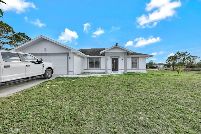 single story home featuring a garage and a front yard