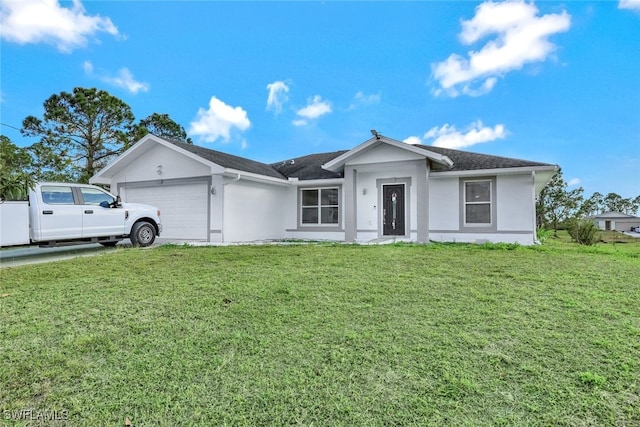 single story home featuring a front yard and a garage