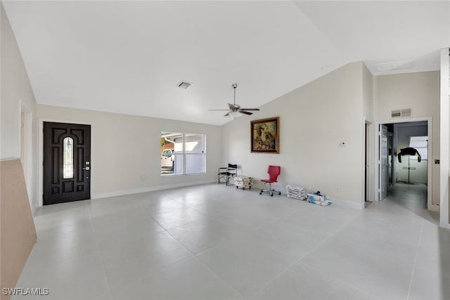 interior space with ceiling fan and lofted ceiling