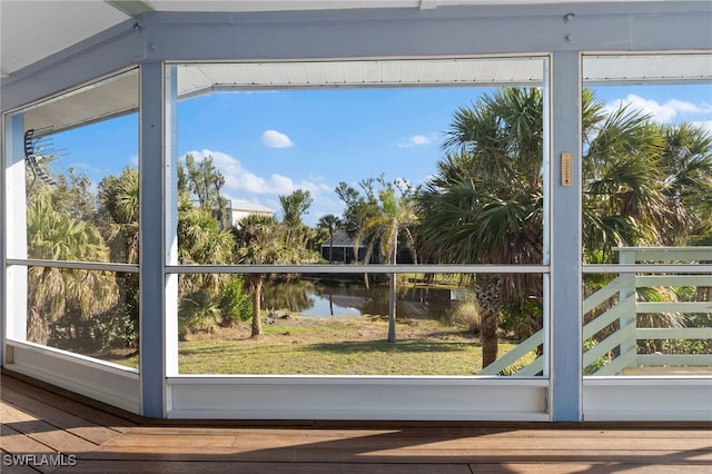 interior space featuring a water view