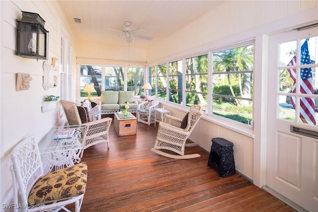 sunroom featuring ceiling fan and wooden ceiling