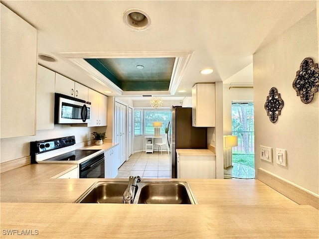 kitchen with sink, stainless steel appliances, a raised ceiling, and white cabinets