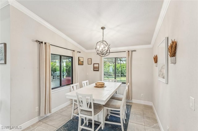 dining space featuring ornamental molding, a healthy amount of sunlight, a chandelier, and light tile patterned floors