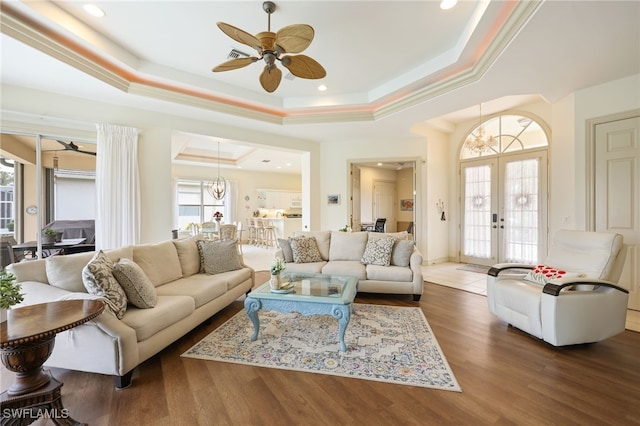 living room featuring a wealth of natural light, dark hardwood / wood-style flooring, a raised ceiling, and french doors