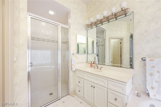 bathroom with vanity, shower with separate bathtub, and tile patterned flooring