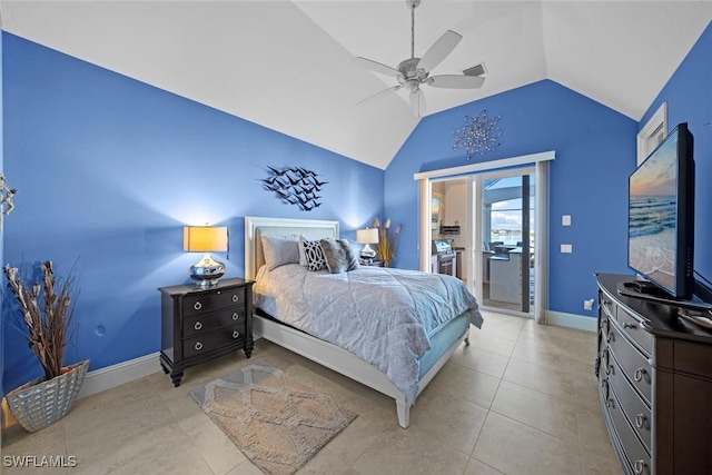 tiled bedroom featuring access to exterior, vaulted ceiling, and ceiling fan