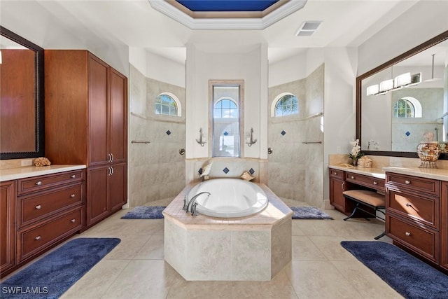 bathroom with vanity, separate shower and tub, and tile patterned floors