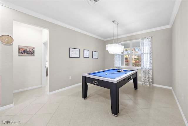 recreation room with visible vents, crown molding, and light tile patterned floors