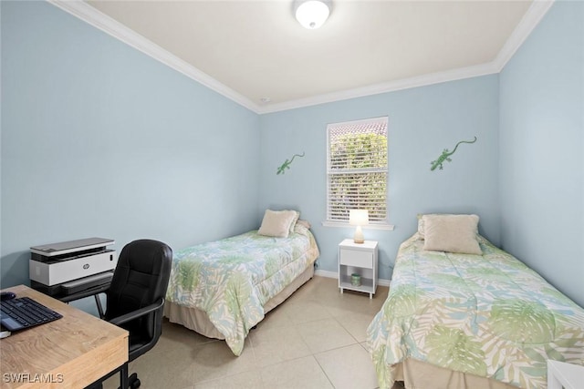 bedroom featuring light tile patterned floors, baseboards, and crown molding