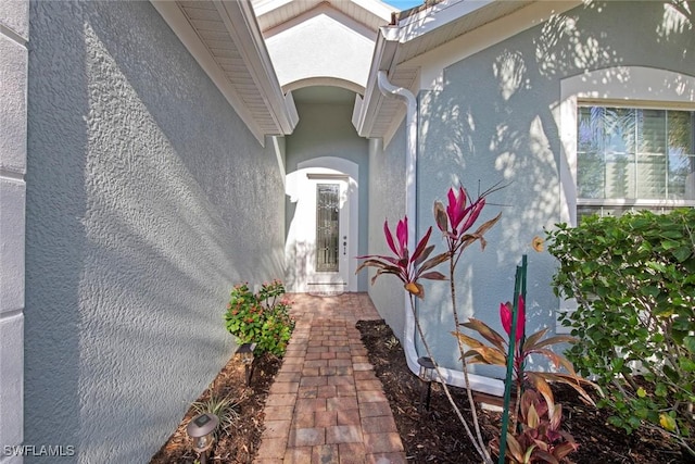 view of exterior entry featuring stucco siding