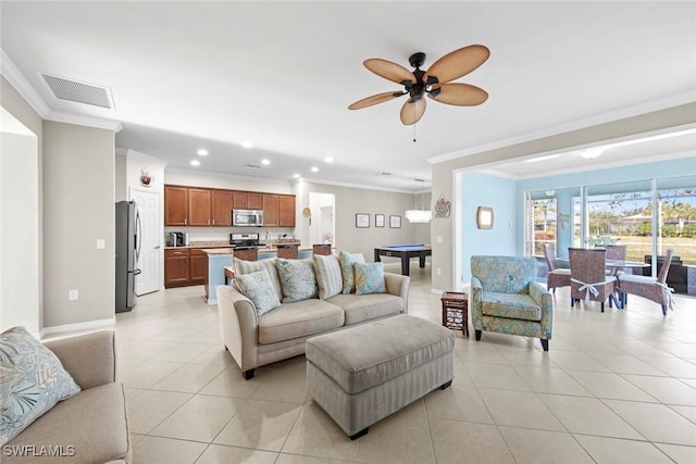 living room featuring light tile patterned floors, visible vents, ceiling fan, pool table, and recessed lighting