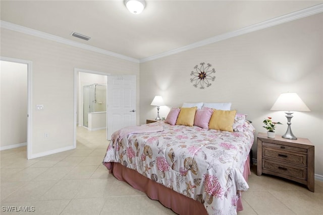 tiled bedroom with ornamental molding, visible vents, and baseboards