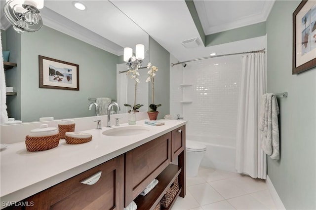 full bathroom with toilet, crown molding, vanity, shower / bathtub combination with curtain, and tile patterned flooring