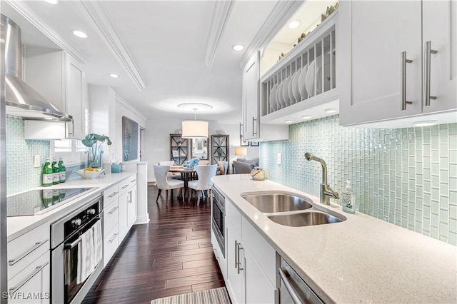 kitchen featuring appliances with stainless steel finishes, sink, white cabinets, light stone countertops, and wall chimney exhaust hood