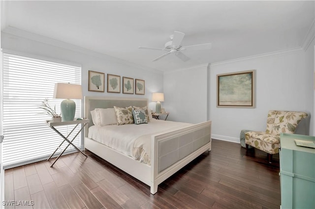 bedroom featuring crown molding, ceiling fan, and dark hardwood / wood-style floors