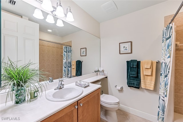 bathroom featuring tile patterned flooring, vanity, toilet, an inviting chandelier, and a shower with curtain