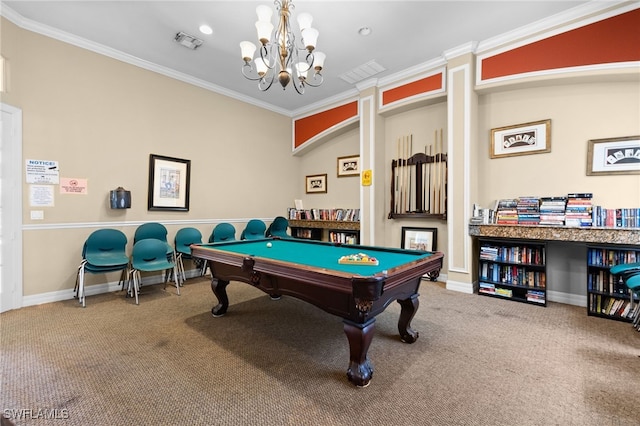 recreation room featuring an inviting chandelier, ornamental molding, and carpet flooring