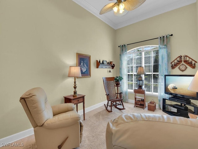 living area featuring light carpet, vaulted ceiling, ornamental molding, and ceiling fan