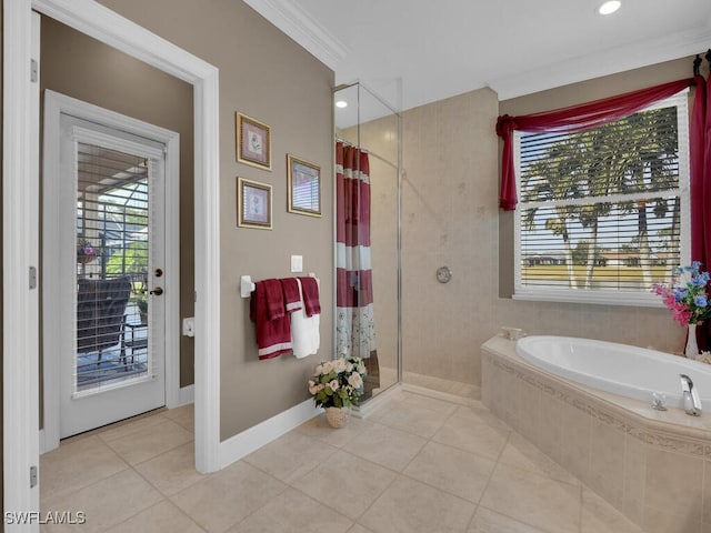 bathroom with crown molding, a healthy amount of sunlight, plus walk in shower, and tile patterned flooring