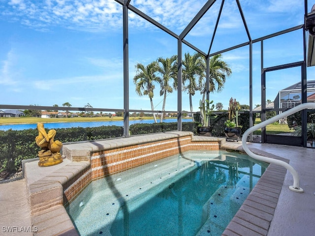 view of pool featuring a lanai, a jacuzzi, and a water view