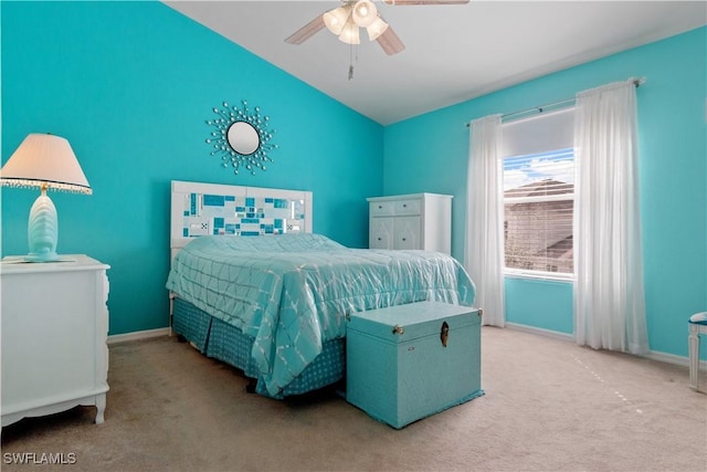 bedroom with light colored carpet and ceiling fan