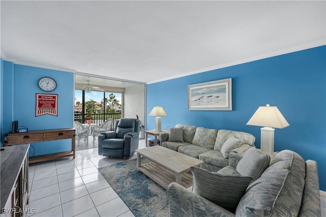 tiled living room with expansive windows and ornamental molding