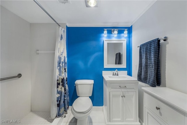 bathroom with crown molding, tile patterned flooring, vanity, curtained shower, and toilet