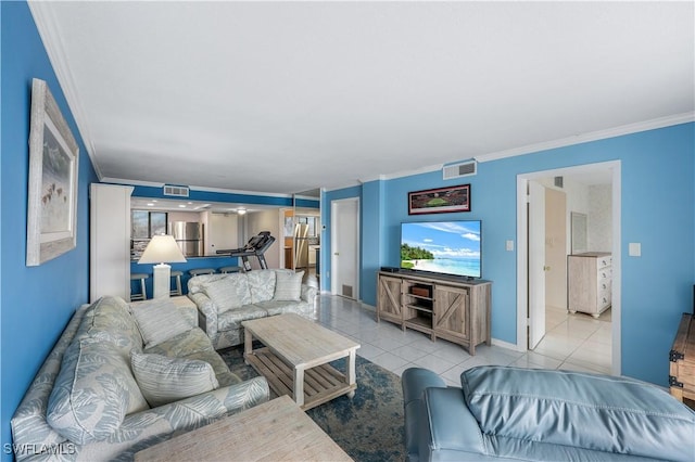 tiled living room with ornamental molding