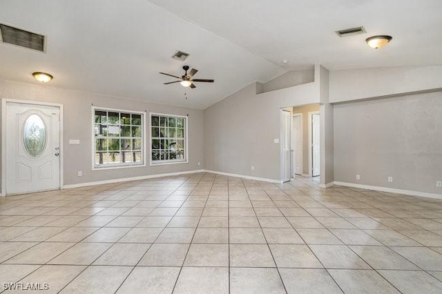 interior space featuring ceiling fan and lofted ceiling