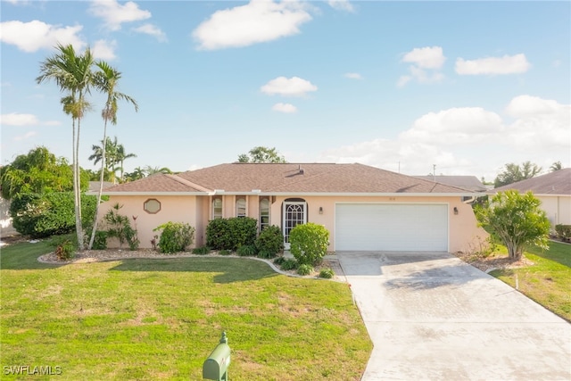 single story home featuring a garage and a front lawn