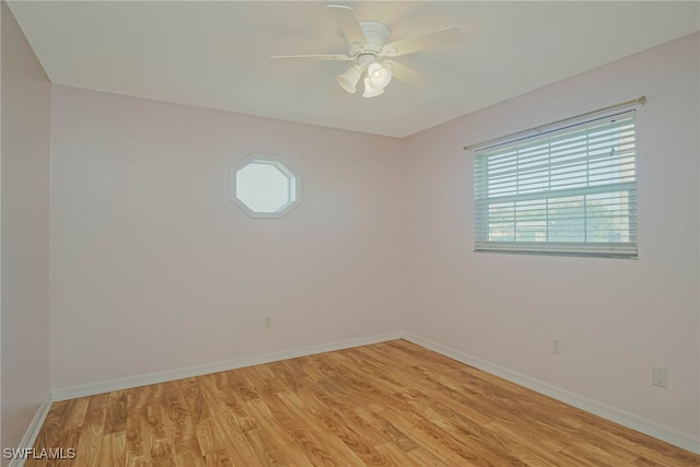 empty room featuring ceiling fan and light hardwood / wood-style flooring