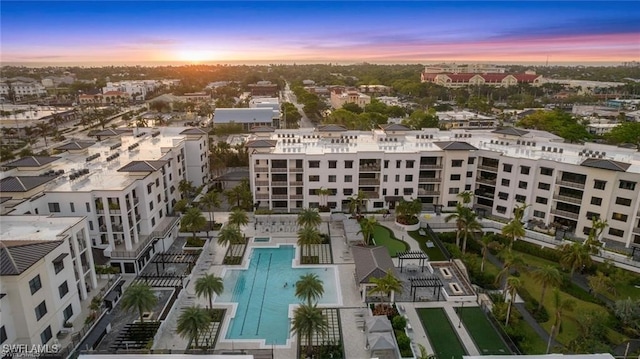 view of aerial view at dusk