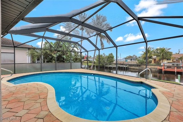 view of swimming pool featuring a water view, a lanai, and a patio