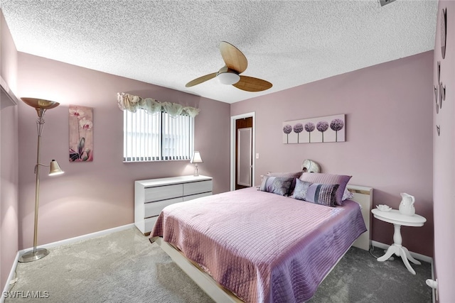 bedroom featuring ceiling fan and dark colored carpet