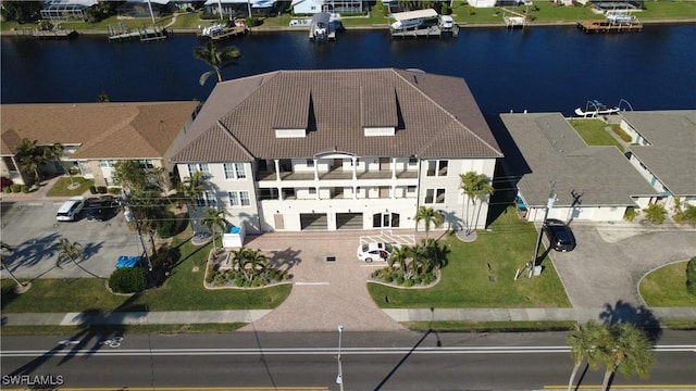 aerial view featuring a water view