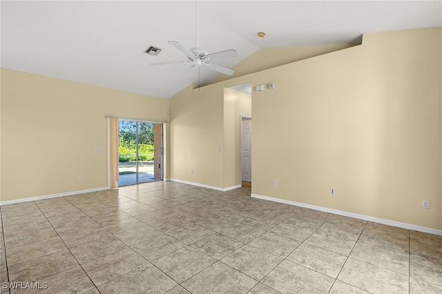 unfurnished room with light tile patterned flooring, ceiling fan, and lofted ceiling