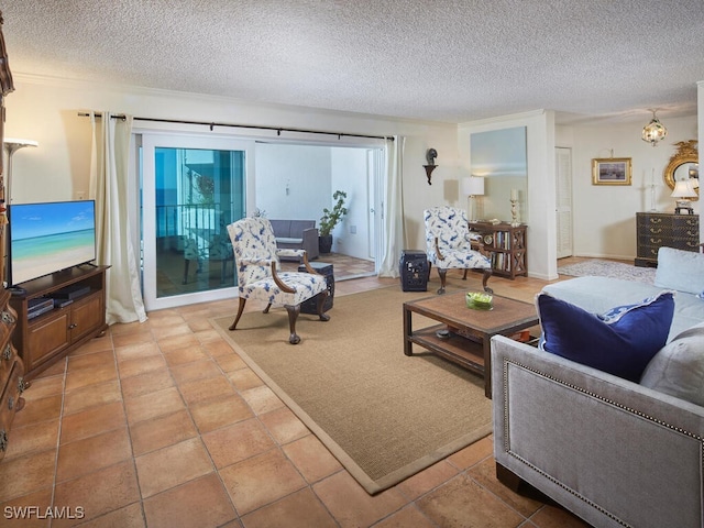 living area with light tile patterned floors and a textured ceiling