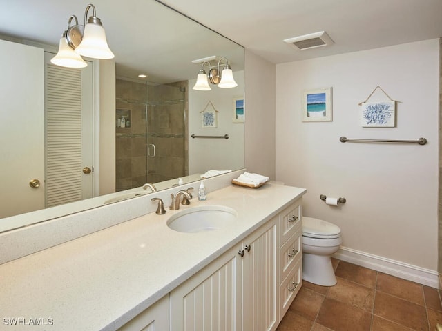 bathroom with a stall shower, baseboards, visible vents, toilet, and vanity