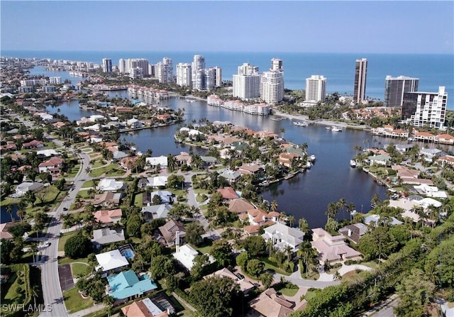 bird's eye view featuring a water view and a city view