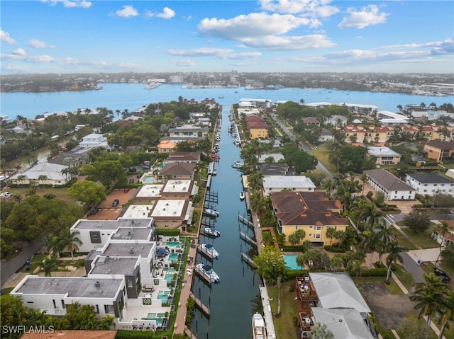 aerial view featuring a water view