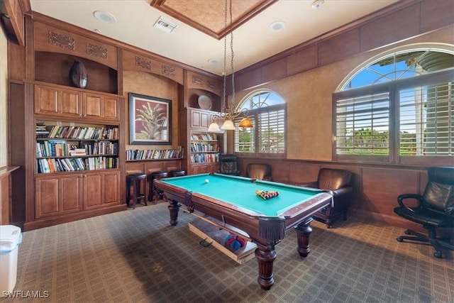 rec room with pool table, built in shelves, carpet flooring, and visible vents