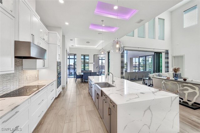 kitchen featuring hanging light fixtures, white cabinets, extractor fan, a tray ceiling, and a large island with sink