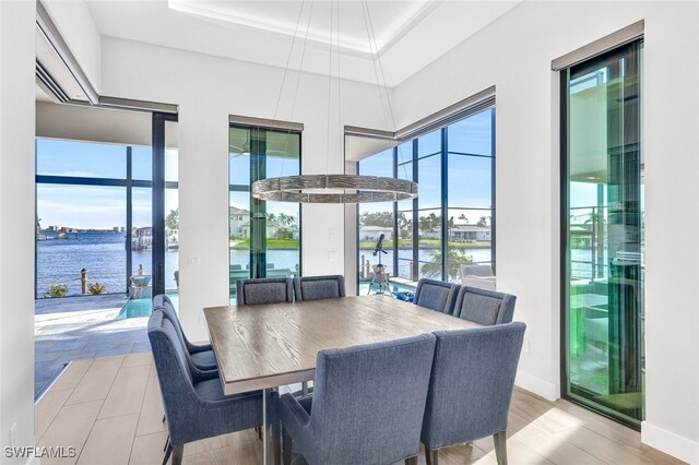 dining area featuring a high ceiling, a tray ceiling, and a water view