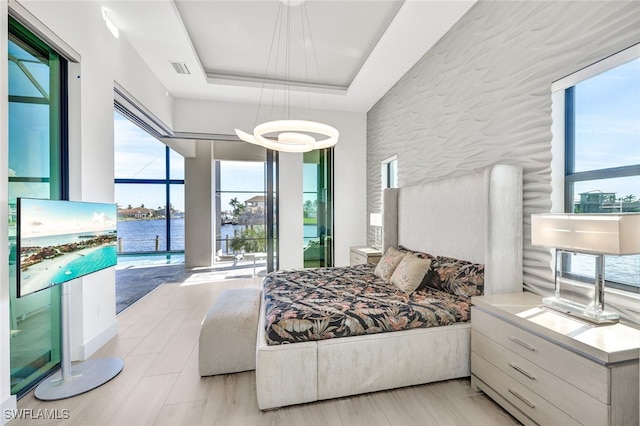 bedroom with access to exterior and a raised ceiling