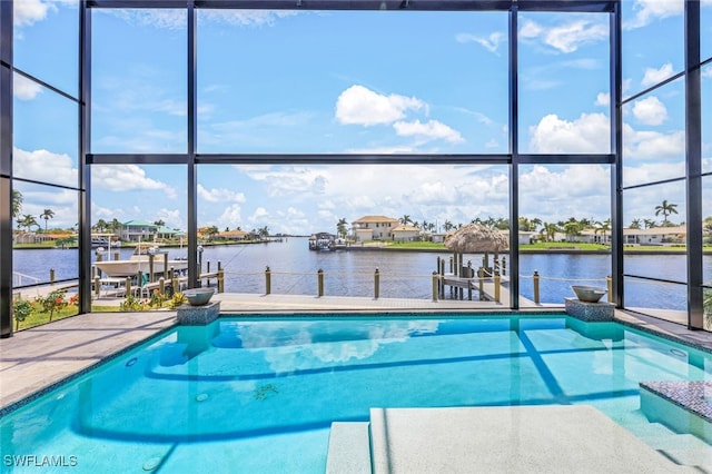 view of swimming pool featuring a dock and a water view